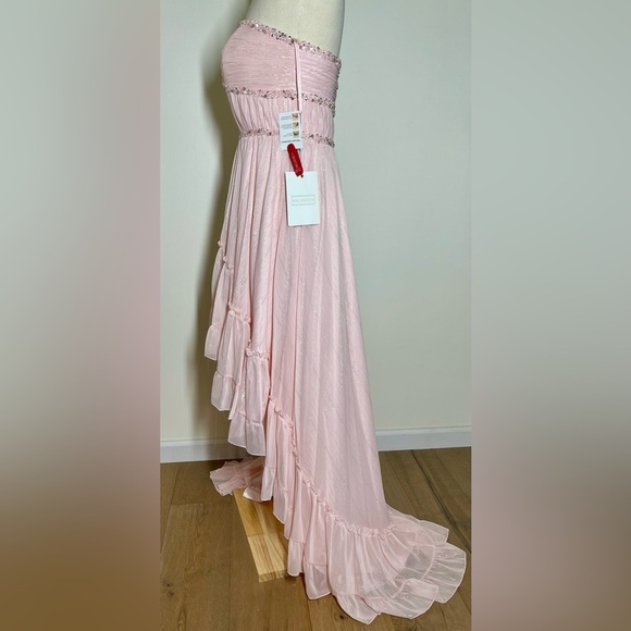 Mac Duggal 68096 | Pale Pink Beaded Ruffle High Low Gown | Strapless | Size 10 - Picture 5 of 7